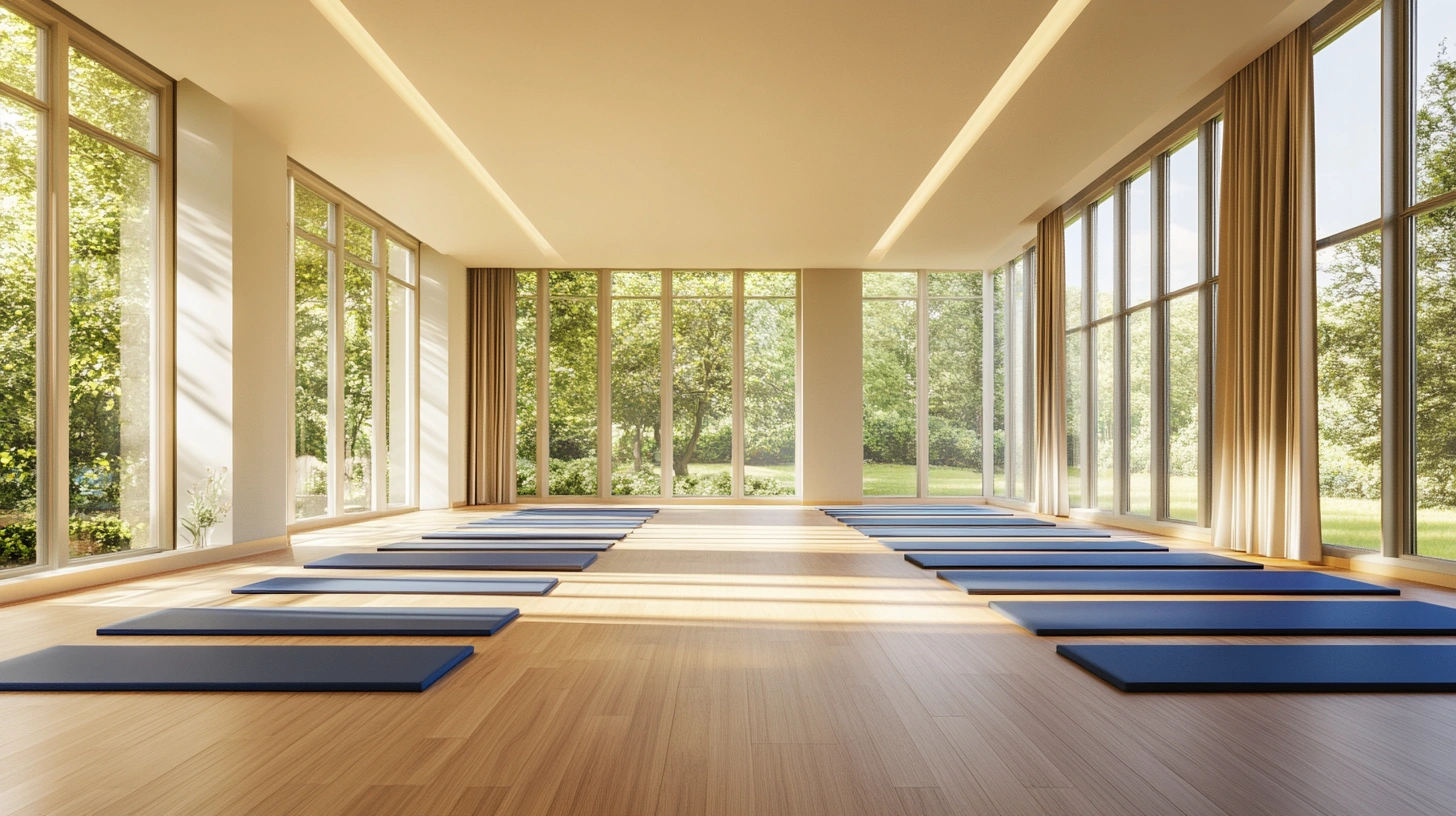 Просторий зал для групових занять з великими вікнами